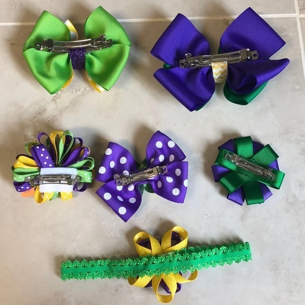 2/$15 Mardi Gras Hair Accessories Set Purple Green Gold Bows Clips Headband